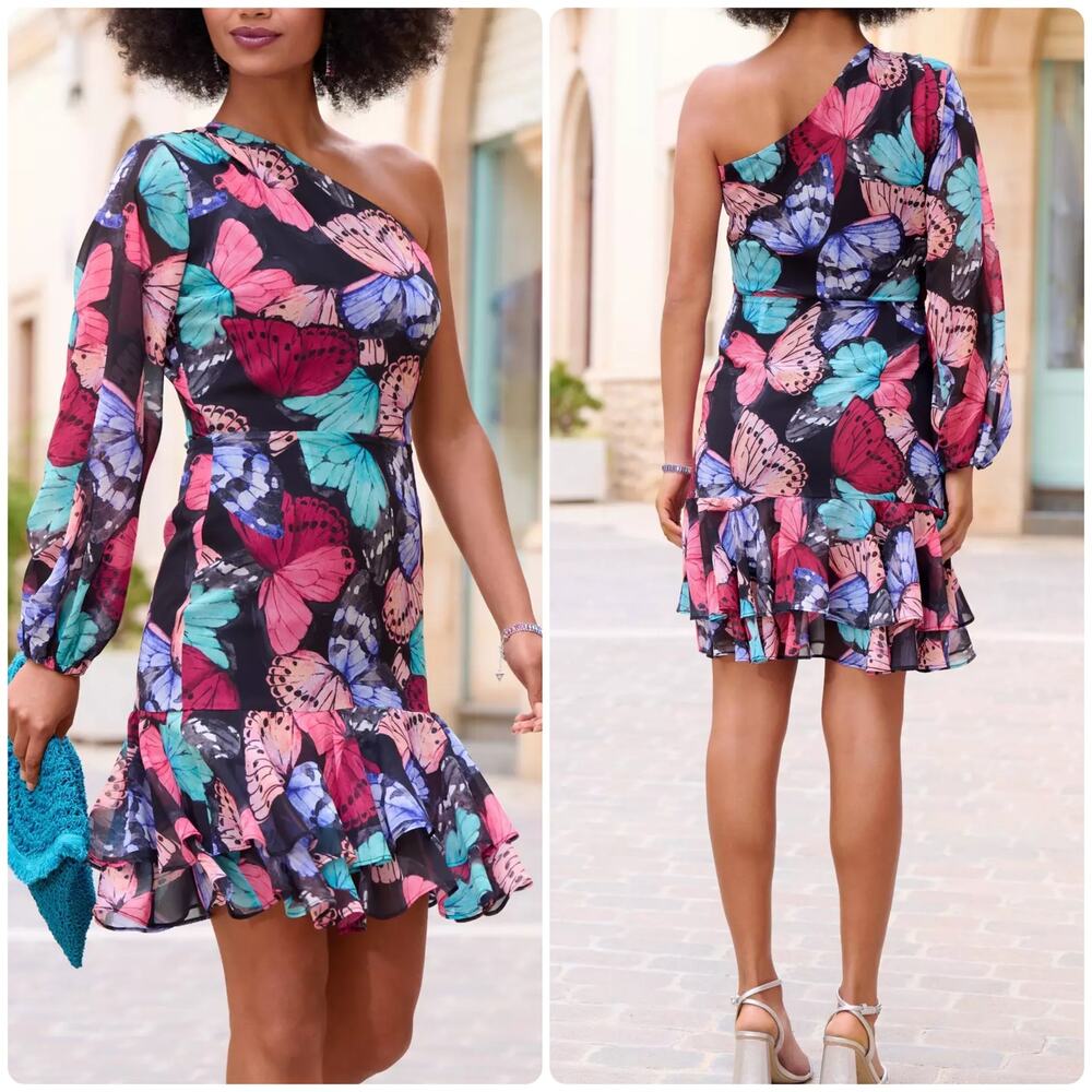 Boston Proper One Shoulder Butterfly Print Dress Black Multi